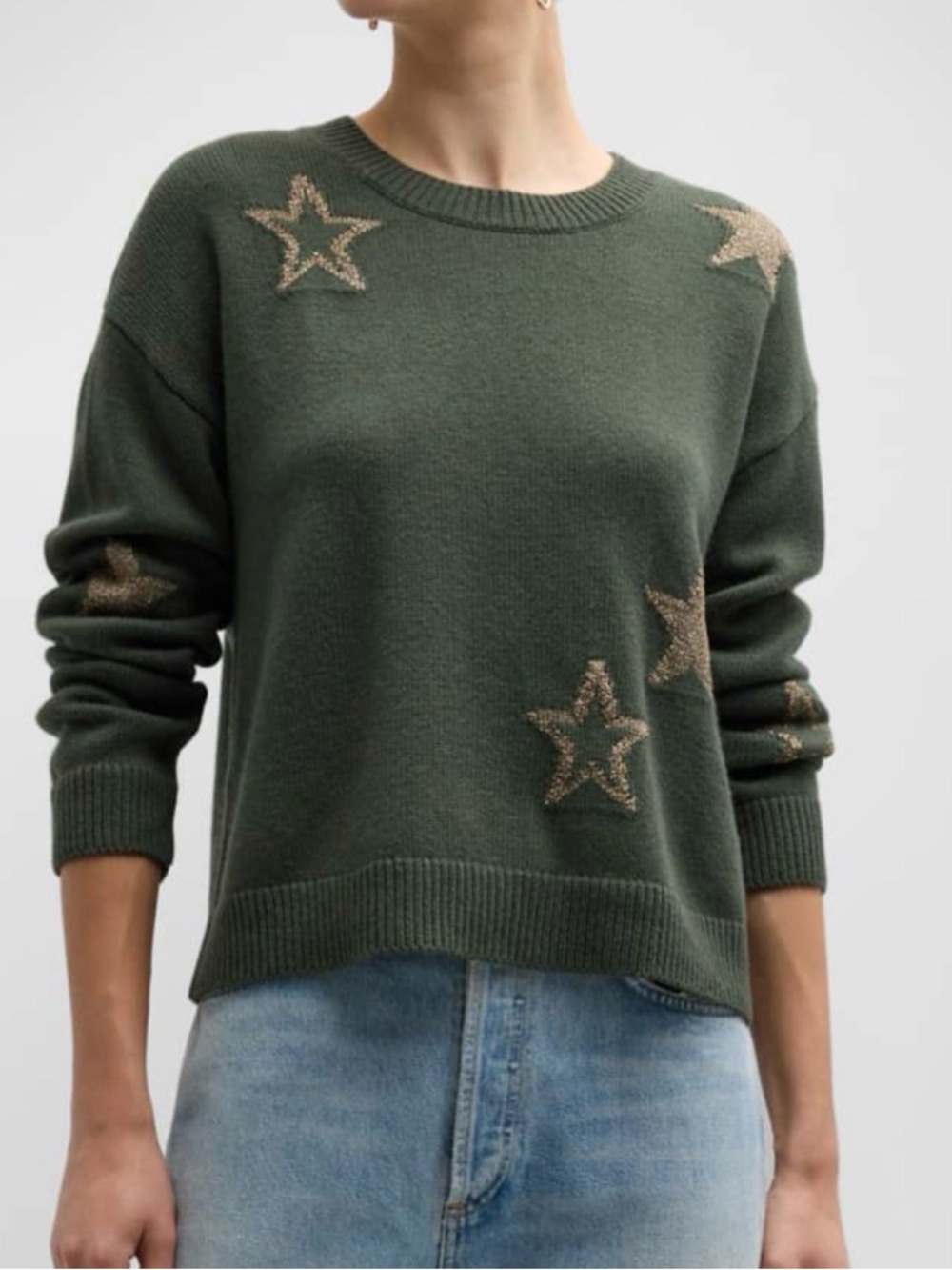 Rails Olive Crewneck Sweater with Gold Star Appliqués NWT